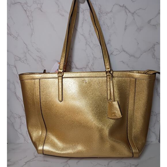 Lauren Ralph Lauren Handbags - Lauren Ralph Lauren Metallic Gold Crosshatch Leather Medium Clare Tote - NEW